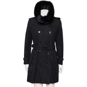 Pre Owned Burberry Black Cotton Double Breasted Belted Trench Coat L 