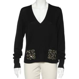 Pre Owned Burberry Black Wool Knit Embellished Pocket Detail V-Neck Sweater L