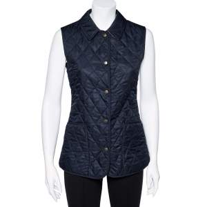 Pre Owned Burberry Vintage Navy Blue Quilted Sleeveless Button Front Jacket M