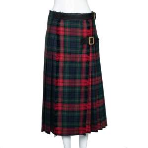 Pre Owned Burberry Multicolor Checkered Wool Buckle & Slit Detailed Pleated Skirt M