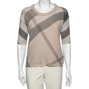 Burberry Brit Beige Housecheck Knit Crew Neck Short Sleeve Top M
