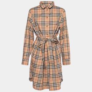 Pre Owned Burberry Beige Checkered Cotton Button Front Belted Shirt Dress XL