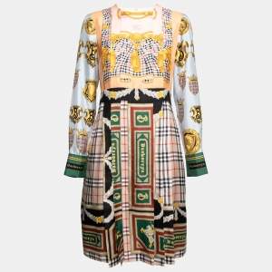 Pre Owned Burberry Multicolor Scarf Print Silk Pleated Long Sleeve Midi Dress M