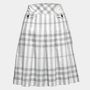 Pre Owned Burberry White & Grey Checked Cotton Pleated Mini Skirt M