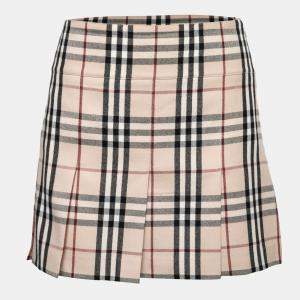 Pre Owned Burberry Beige Nova Check Wool Pleated Mini Skirt M 