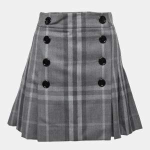 Pre Owned Burberry Grey Checked Wool Pleated Mini Skirt S