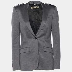 Pre Owned Burberry Grey Cotton Knit Leather Trim Blazer S