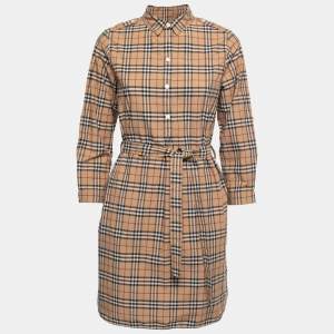 Burberry Beige Check Cotton Belted Shirt Dress S