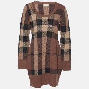 Burberry Brown Checkered Wool Knit Sweater Dress XL