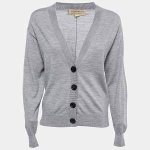 Burberry Grey Wool Patch Detail Buttoned Cardigan XS