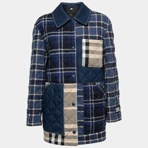 Burberry Blue Paneled Check Print Cotton Quilted Jacket M