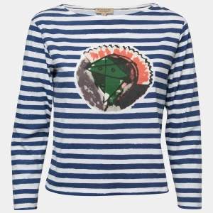 Burberry Blue Graphic Stripe Print Cotton Boat Neck T-Shirt XS