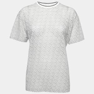 Pre Owned تي شيرت بربري أبيض مونوغرامي نمط شبكة مقاس صغير - سمول