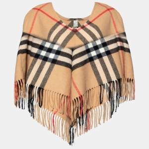 Burberry Beige Nova Check Wool & Cashmere Fringed Short Cape (One Size)