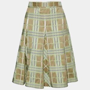 Pre Owned Burberry Green & Beige Checkered Cotton & Silk Pleated Skirt M