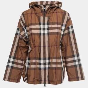 Burberry Brown Checked Synthetic Hooded Zip Front Jacket XS