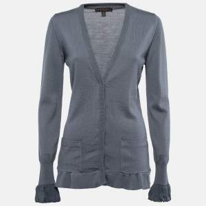 Burberry Grey Wool Knit Silk Trimmed Button Front Cardigan M