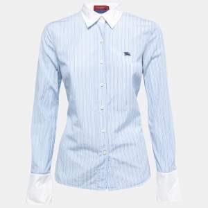 Burberry Blue Striped Cotton Contrast Trimmed Button Front Full Sleeve Shirt S