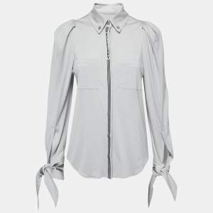 Burberry Grey Wool & Silk Jersey Striped Detail Button Front T-Shirt XS