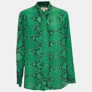 Burberry Green Snake Print Silk Neck Tie Detail Button Front Blouse L