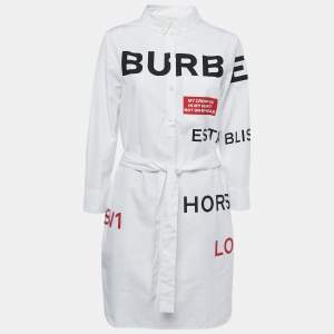 Burberry White Cotton Horseferry Print Mini Belted Shirt Dress L