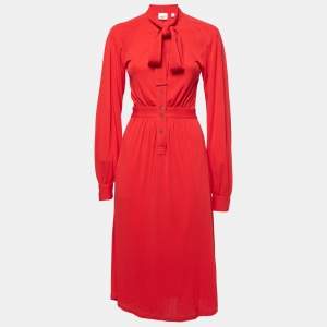 Burberry Red Jersey Button Front Neck Tie Detail Long Sleeve Midi Dress XS