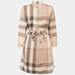 Pre Owned Burberry Pale Grey Checked Cotton Belted Shirt Dress M