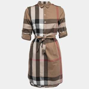 Pre Owned Burberry Beige Check Printed Cotton Belted Kelsy Chemisier Dress S