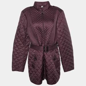 Burberry Burgundy Quilted Belted Long Jacket L