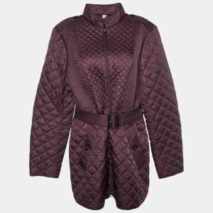 Pre Owned Burberry Burgundy Quilted Belted Long Jacket L