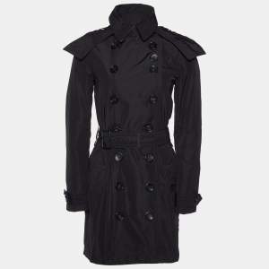 Burberry Black Polyester Belted Double Breasted Trench Coat XS