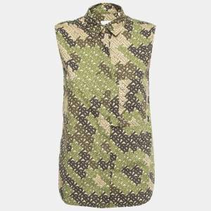 Burberry Green Logo Print Cotton Button Front Sleeveless Shirt S