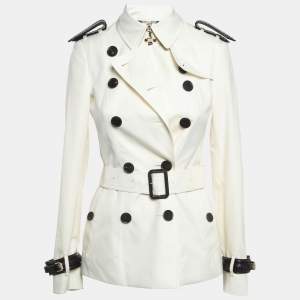 Burberry White Leather Trim Gabardine Belted Short Trench Coat XS