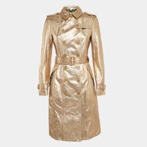 Burberry Metallic Gold Leather Double Breasted Belted Trench Coat S
