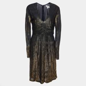 Burberry Gold Metallic Knit Ruched Long Sleeve Dress L