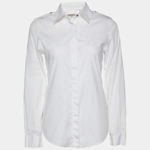Burberry White Cotton Logo Embroidered Long Sleeve Shirt S