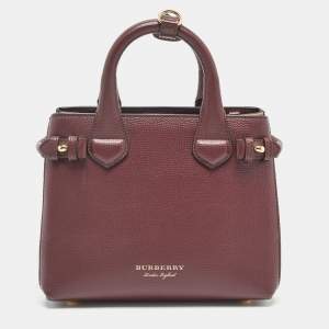 Burberry Burgundy/Beige House Check Fabric and Leather Mini Banner Tote