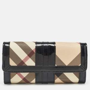 Burberry Black Beige Patent Leather and Coated Canvas Penrose Flap Wallet