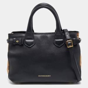 مملوكة مسبقًا Burberry Black/Beige Leather and House Check Fabric Small Banner Tote