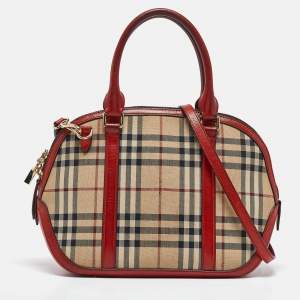 Burberry Beige/Red Haymarket Check Nylon and Leather Small Orchard Bag