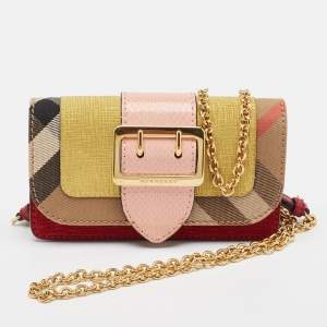 Pre Owned Burberry Multicolor House Check Canvas, Leather and Snakeskin Buckle Phone Crossbody Bag