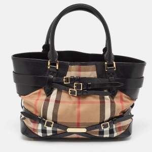 Burberry Black/Beige House Check Fabric Medium Bridle Lynher Tote