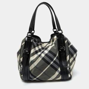 Burberry Black Beat Check Nylon and Patent Leather Large Victoria Tote