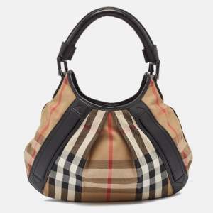 Pre Owned Burberry Black/Beige House Check Canvas and Leather Phoebe Hobo
