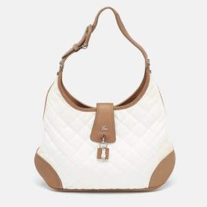 Burberry White/Brown Quilted Canvas and Leather Brooke Hobo