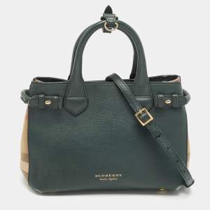 Burberry Green/Beige Leather and House Check Fabric Small Banner Tote