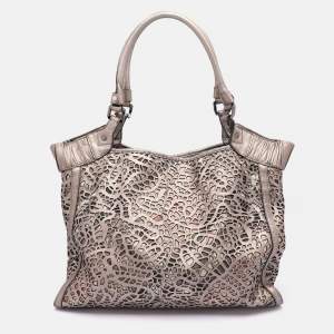 Burberry Metallic Taupe Laser Cut Leather and Coated Canvas Tote