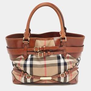 Burberry Brown/Beige House Check Canvas and Leather Medium Bridle Lynher Tote