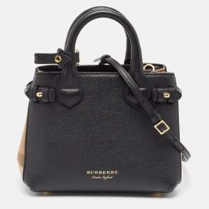 Burberry Black/Beige House Check Fabric and Leather Mini Banner Tote