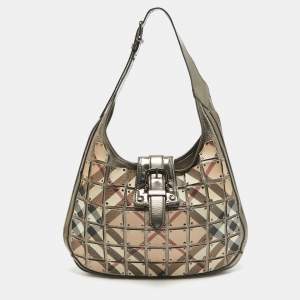 Burberry Metallic/Beige Nova Check Canvas and Leather Studded Brooke Warrior Hobo